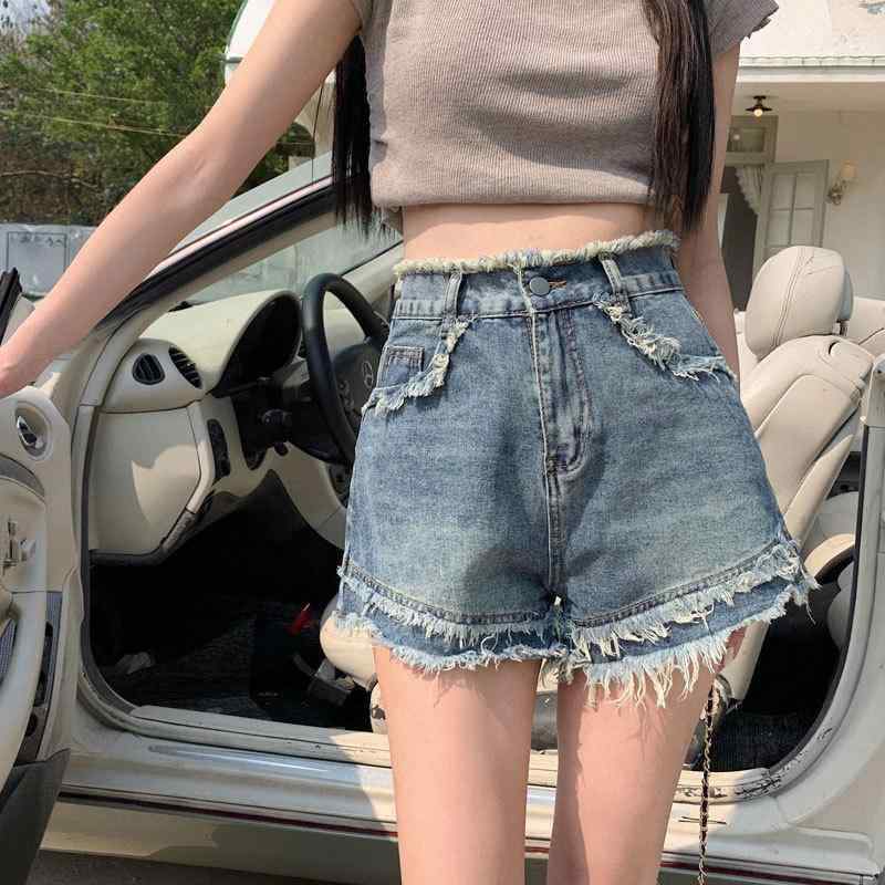 デニムショーツ レディース 夏 春夏 高腰 ワイドレッグ Aライン フレア フレンチカット ビッグシルエット フルレングス フルカット コットン素材 綿100パーセント 洗い加工 ヴィンテージ ブルー ライトブルー ダークブルー 気質 優雅 気質通勤 職