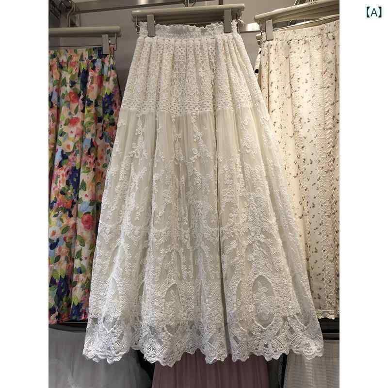ロングスカート 女性用 春夏 韓国風 インスピレーション イージーウエスト フレア Aライン クロシェレース フラワーレース 刺繍 切り替え 純色 ホワイト 気質 通勤 都市スタイル 軽量 伸縮性 優しいシルエット 日常使い