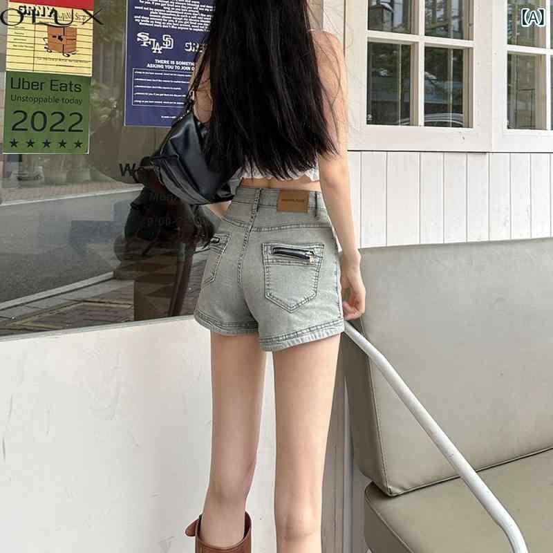 デニムショーツ 女性用 高腰 ?・覧 ワイドレッグ 復古 水洗 デニム コットン 中厚 ボタン 夏 通勤 気質 微弾 ノンアイロン ブルー
