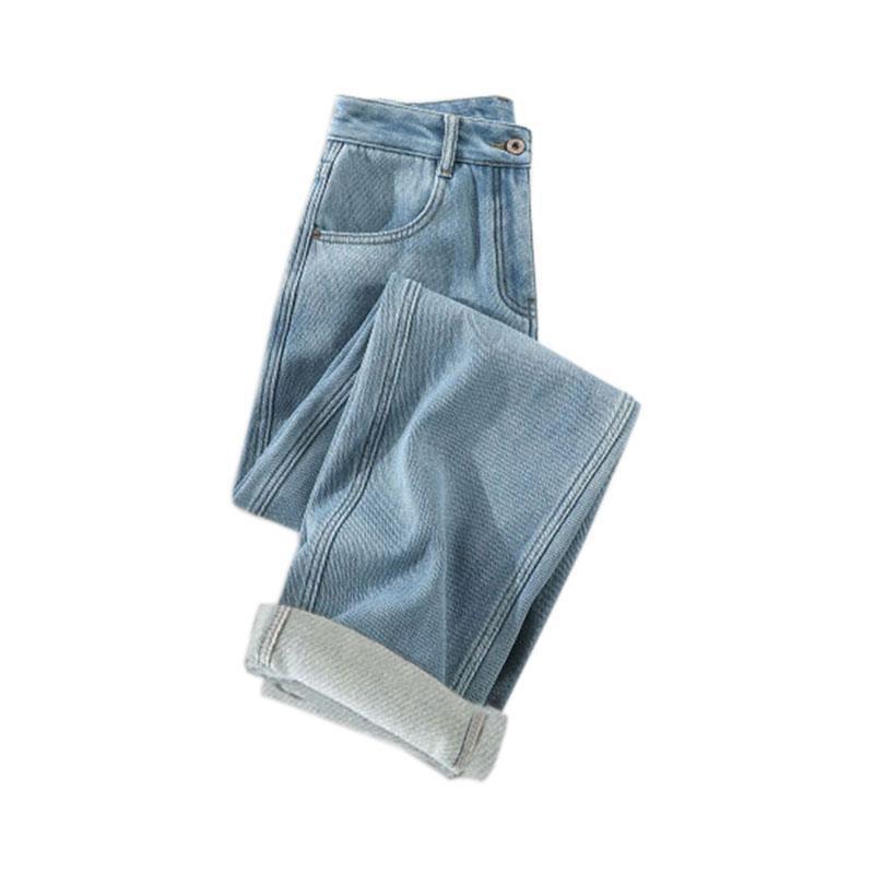 レディース 牛仔パンツ 梨型ボディ スリムフィット ワイドレッグ ストレートパンツ ハイウエスト ロング丈 大きいサイズ ゆったりシルエット 肉感カバー ライトブルー ヴィンテージブルー ストレッチ デニム素材 多ポケット ボタン ジッパー 洗い加工 カ