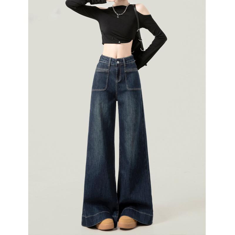 デニムパンツ 女性用 春夏 通勤風 深紺 復古ブルー ホワイト ロング丈 ワイドレッグ ビッグシルエット ストレート ラフ ゆったり 軽量 伸縮性 吸湿速乾 コットン混 デニム生地 日常使い ハイウエスト フレアパンツ 膝下丈 ルーズフィット インディゴ