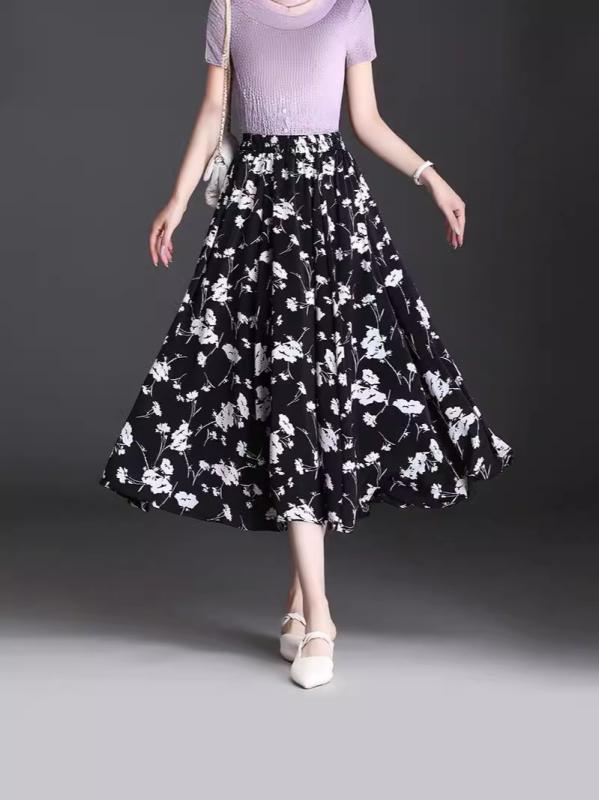 スカート レディース Aライン 半身スカート プリーツスカート 女性用 夏 涼感 中長丈 プリント柄 花柄 白黒 ブラックホワイト ポリエステル 無弾性 気質 優雅 通勤 普段使い 韓国風 大きめフレア 垂れ感 涼しい