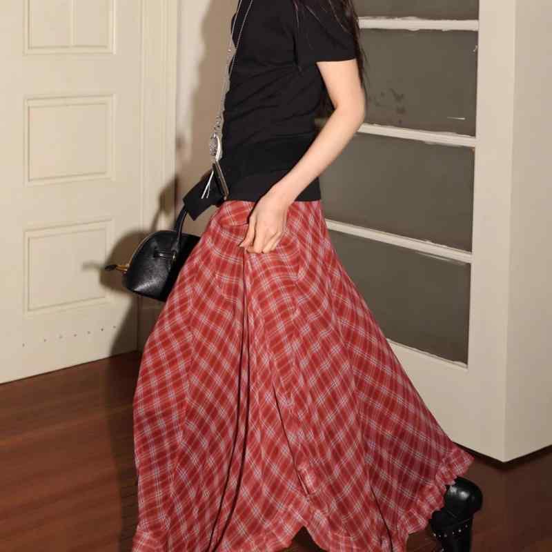 スカート 女性用 春夏 通勤 気質 ミディ フレア 半身スカート 格子柄 赤 黒白 チェック柄 プリーツ 切り替え 雪? ポリエステル 綿 微弾性 軽量 通気性 吸湿速乾 ハイウエスト フレア 裾レース 立体パターン イレギュラー ヘム 洗濯簡単 普段使