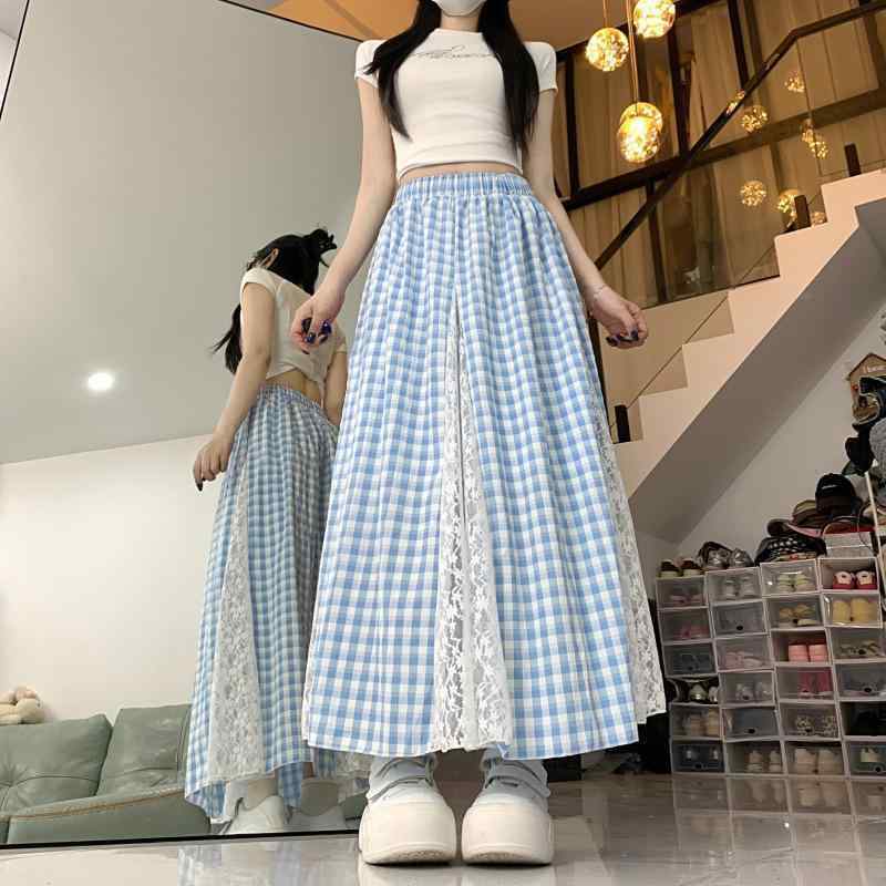 レディース スカート 半身スカート Aライン 中長丈 春夏 韓国風 かわいい 甘め 学院風 フレア 切り替え レース 格子柄 ポリエステル ストレッチ 軽量 通学 デイリー ブラック ブルー 赤 クール フレッシュ スタイル