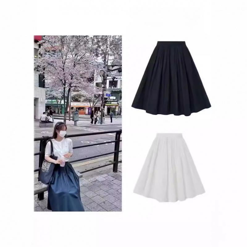 スカート 女性用 春夏 半身裙 ロング丈 黒 白 ハイウエスト Aライン フレア プリーツ ポリエステル 軽量 伸縮性 スリムライン 百搭 私服 軽熟風 名媛スタイル カジュアル 普段使い 通勤
