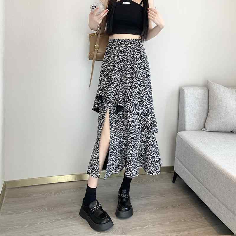 スカート 女性用 春夏 半身スカート 花柄 デザイン 韓国風 不規則 ミディ丈 高腰 ドレープ 涼しい ポリエステル 雪?素材 都市スタイル 通勤 普段使い かわいい 軽量 黒 花柄 白 花柄 甘め 清新 小柄対応