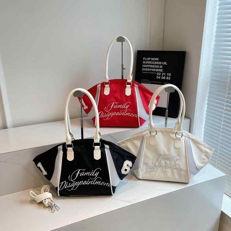 トートバッグ 女性用 韓国風 デザイン アルファベット刺繍 シングルショルダー ハンドバッグ 大容量 旅行用 ピット下バッグ ブラック 米白色 酒赤 クロスボーダー スタイル PU素材 中型 横型方形 ジッパー開閉 携帯ポケット 内側PU ミディアム硬度
