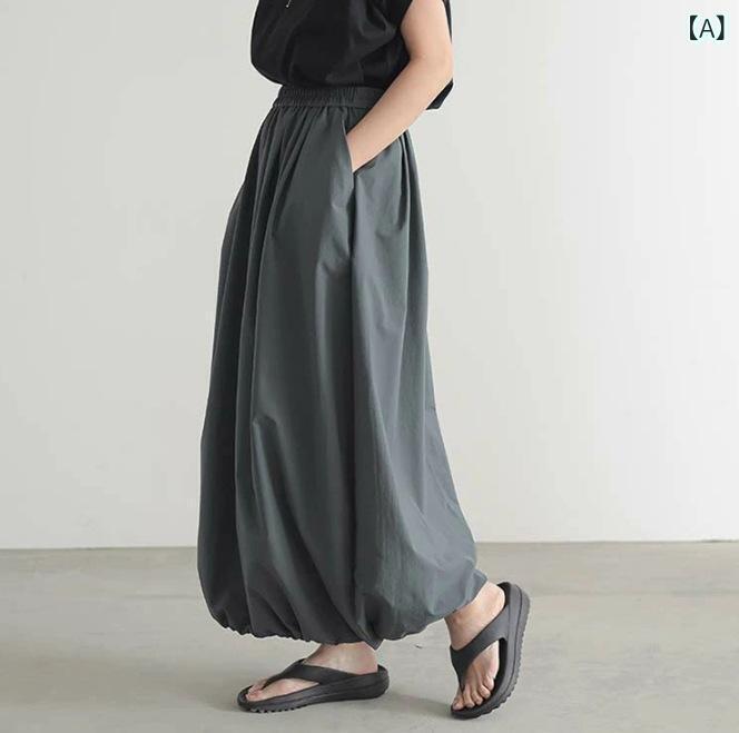 スカート 女性用 春夏 ゆったり風 ルーズ 花苞 半身 ロング フレア ポケット付き 無地 プリーツ加工 グレー ブラック ベージュ 通勤 カジュアル コットン混 ゆったりシルエット