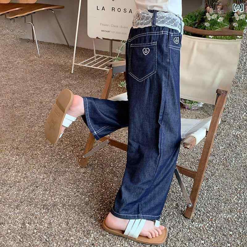 女児 牛仔パンツ 夏 レディースキッズ 子供 女の子 デニム 長ズボン ワイド ルーズ ストレート ロング コットン 綿素材 柔軟 軽量 吸湿速乾 深青 ネイビー ブルー 薄手 夏用 普段使い カジュアル トレンド 韓国風 ミッドライズ ゴムウエスト 無