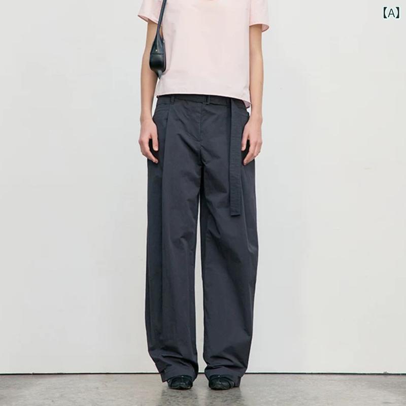 レディース スーツパンツ コットン素材 直筒型 ミディム厚 微弾性 春夏 韓国風 デザイン性 クールトーン 梨体型対応 スリムフィット ロング丈 ネイビー 普段使い ビジネスカジュアル 軽量 吸湿速乾 通勤 通年対応