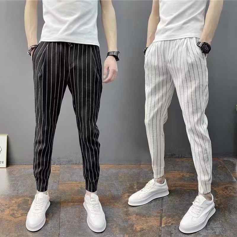 メンズ 束脚パンツ 九分丈 スリムフィット ストライプ柄 薄手 コットン混紡 ポリエステル混紡 マイクロストレッチ ミッドライズ コーンフィット ブラック ホワイト 春夏 秋冬 通勤 普段使い アウトドア 軽量 伸縮性 吸湿速乾 青少年向け カジュアルパ
