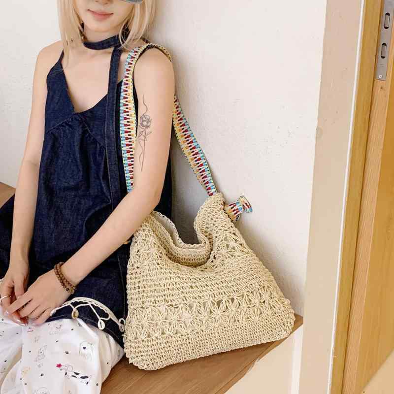 麦わら帽子 編み バッグ 女性用 夏 トートバッグ ショルダーバッグ ショルダー ハンドバッグ 手編み 大容量 ラフ スタイル 横型 方形 ソフト 素材 コットン 風 ポリエステル ライニング ジッパー 開閉 カードポケット シングルストラップ 日常使い