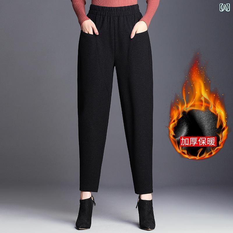 レディース 秋冬 ハーレムパンツ 女性用 高腰 ウール混 コットン テーパード ワイドレッグ ロング丈 厚手 切り替え ポケット 微弾性 気質 通勤 スタイル ブラック ゆったり シルエット 普段使い 軽量 吸湿 速乾 暖かみ 秋冬 コーデ