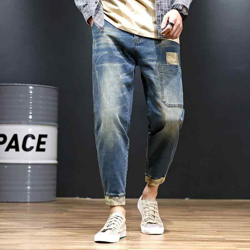 メンズ デニムパンツ 秋夏 大きいサイズ 韓国風 ゆったり ミッドライズ テーパードレッグ 九分丈 コットン 薄手 高弾性 水洗加工 切り替えデザイン 深青 ライトブルー ブラック グレー 普段使い カジュアル 軽量 伸縮性 吸湿速乾