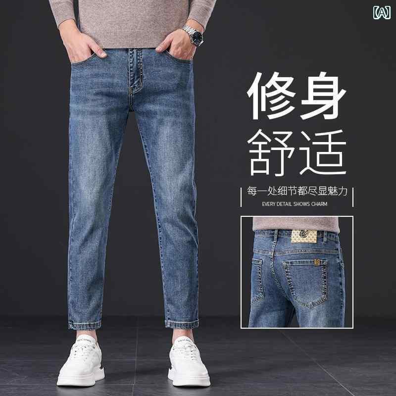 メンズ 牛仔パンツ 九分丈 細身 レギュラーパンツ コットン混 レイヨン混 ポリウレタン混 薄手 マイクロストレッチ 水洗加工 ドゥーム加工 ホワイト加工 中腰 ジップフライ テーパードレッグ コーンレッグ 細脚口 多ポケット カジュアル 夏用 軽量 修