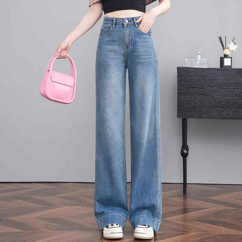 パンツ 女性用 夏 デニム ワイドレッグ 高腰 ストレッチ 綿 リヨセル 薄手 軽量 吸湿速乾 ゆったり 快適 普段使い ファッション 韓国風 ブルー ロング丈 直筒 ポケット 付き 弾力 生地 切り替え デザイン｜イーマイショップ