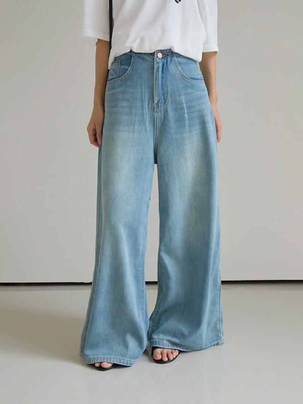 ワイドパンツ 女性用 夏 ハイウエスト 牛仔 デニム 軽量 綿 素材 ワイドレッグ ロング丈 ストレート シルエット ポケット デザイン 韓国風 カジュアル スタイル 洗い加工 ブルー 快適 普段使い ゆったり フィット