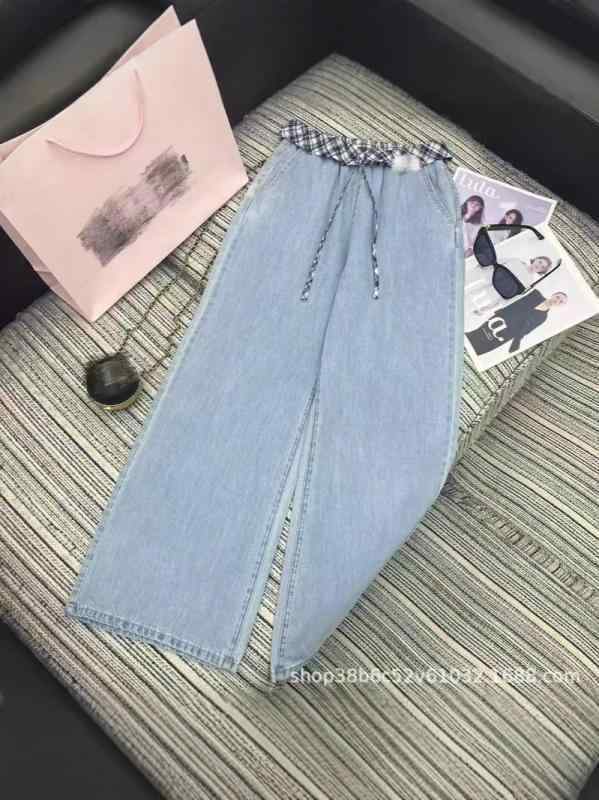 レディース デニムパンツ 直筒 ハイウエスト 切り替え 格紋 コットン 微弾性 長ズボン ブルー 中厚 ポケット 春季 日韓カジュアル 普段使い 伸縮性 通勤 通年 軽量 吸湿速乾 免アイロン｜イーマイショップ