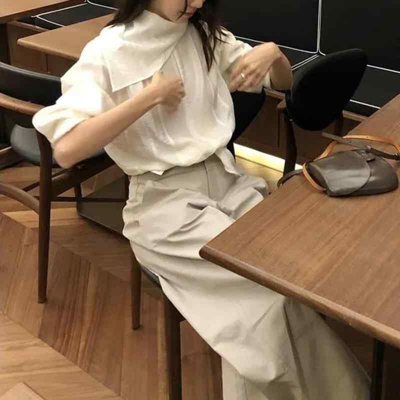 レディース 韓国風 春夏 シンプル 日常 通勤 復古 ロングパンツ ワイド ストレート スリム マイクロストレッチ コットン ハイウエスト ポケット付き 軽量 切り替え デザイン 白色 グレー 普段使い カジュアルパンツ