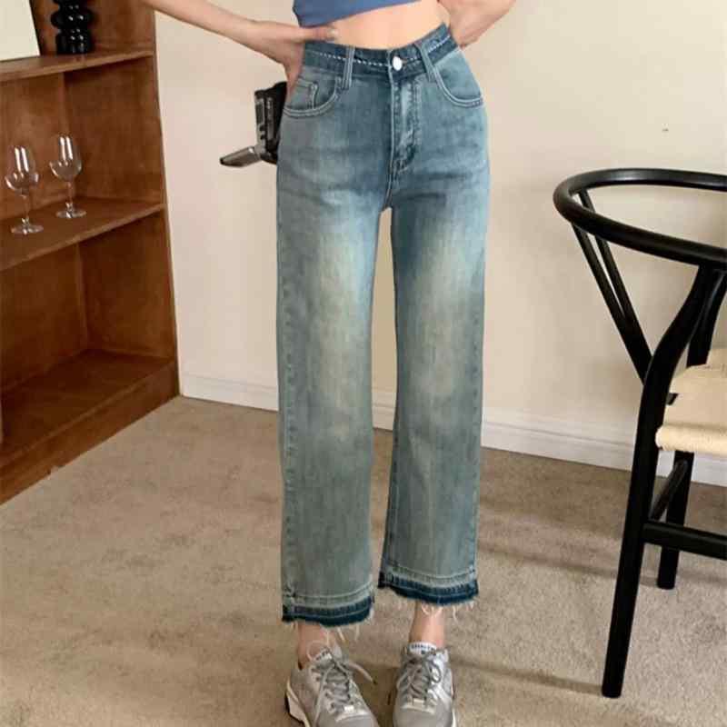 レディース デニムパンツ 直筒 九分丈 高腰 切り替え ブルー コットン 素材 快適 普段使い 韓国風 シンプル コーデ ミッドウェイト ボタン ディテール ノンストレッチ ゆったり フィット