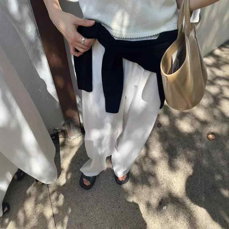 レディース 直筒パンツ 春季 白色 ブラック コットン 素材 高腰 ゆったりシルエット マイクロストレッチ 薄手 軽量 普段使い 韓国風 カジュアル ワイドレッグ ロング丈 快適 吸湿速乾