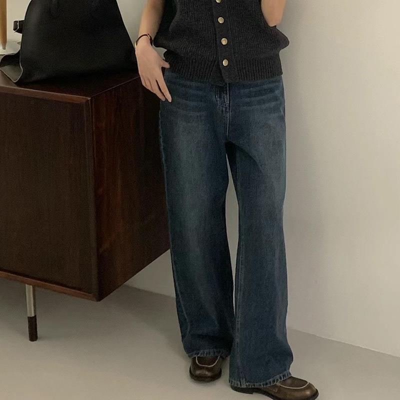 パンツ 女性用 韓系 春夏 デニム 直筒 ロングパンツ 高腰 ワイドレッグ スリム効果 深色 綿素材 微弾性 水洗加工 切り替えデザイン 日常使い 軽量 通勤 カジュアルスタイル 再生繊維 伸縮性 ブルー系