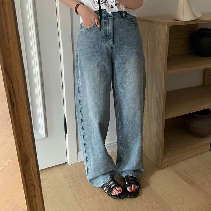 レディース 牛仔パンツ デニム 直筒 ハイウエスト 切り替え 気質 通勤風 綿 95% 以上 無弾性 中厚 長丈 ブルー ホワイト ゆったり スリム 韓国スタイル ファッション カジュアル