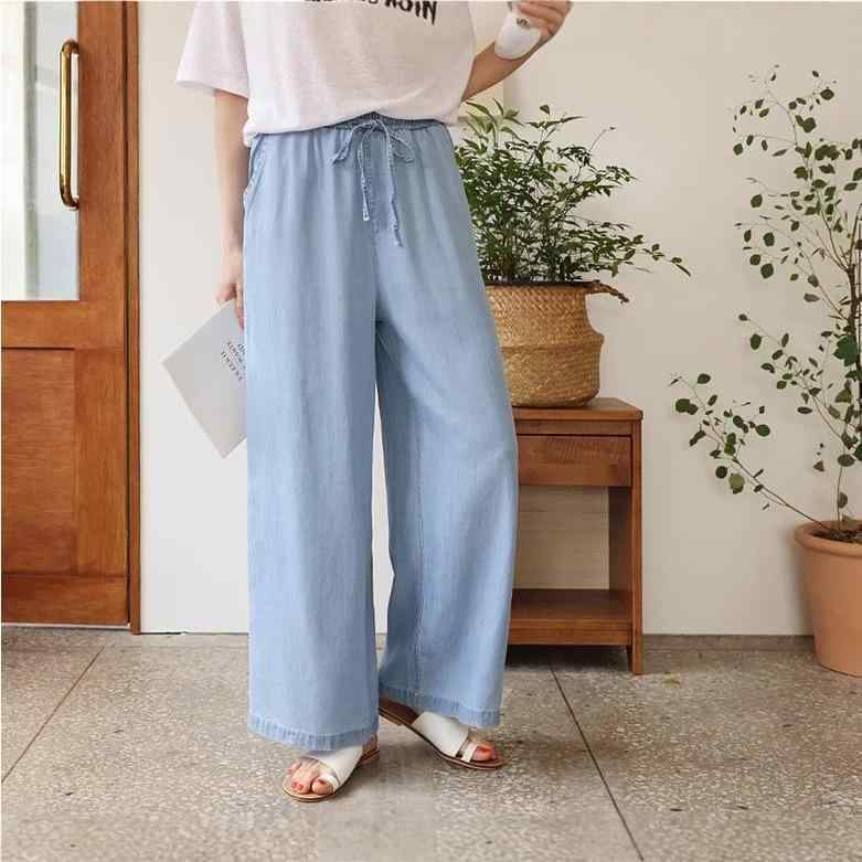 レディースパンツ 牛仔パンツ デニムパンツ 女性用 春夏 軽量 薄手 高腰 スリム効果 ストレートパンツ ワイドレッグパンツ ゆったりシルエット ライトブルー 浅青色 韓系カジュアル 日常使い 吸湿速乾 ポリエステル混 アクセサリーなし