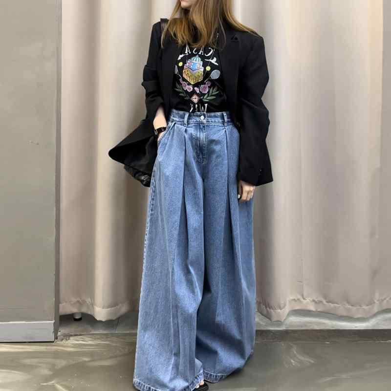 デニムパンツ 女性用 春夏 韓国風 ゆったり デザイン ハイウエスト ストレート ワイドレッグ 綿素材 軽量 通勤 普段使い カジュアル ブルー 長丈 無伸縮 高温定型