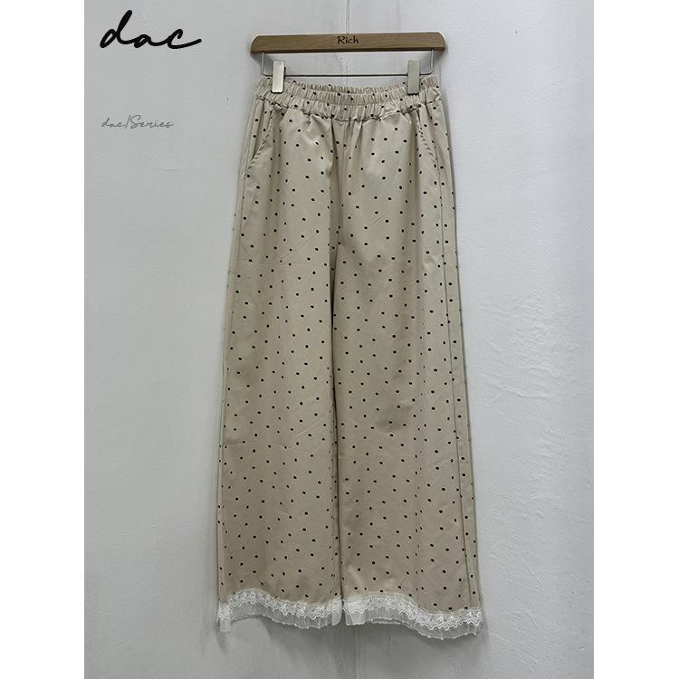 レディース 春夏 九分丈 ワイドパンツ ゆったりシルエット ポリエステル 切り替え ドット柄 レース 花柄 ウエストゴム 遮尻 韓国風 日常使い 軽量 伸縮性 ブラック ピンク系 アイボリー