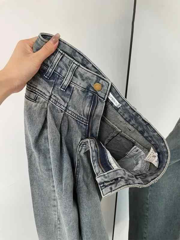 デニムパンツ 女性用 秋 直筒型 高腰 ワイドレッグ ゆったり ヴィンテージ加工 ストレッチ コットン混 綿素材 微弾力 通勤スタイル 気質 街頭ファッション 長丈 ミディアム厚 モノトーン 復古カラー 梨型ボディ対応 スリム効果 ドレープ感 ラフスタイ