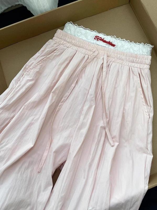 レディース ワイドパンツ 夏 接触冷感 ポリエステル レース切り替え 中腰 ロング丈 ピンク ブルー 気質 通勤 快適 日常使い 軽量 伸縮性 吸湿速乾 ゆったりシルエット ストレート 散歩 コーディネート