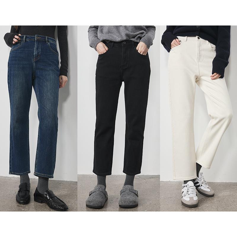 デニムパンツ 女性用 秋冬 通勤風 高腰 直筒 九分丈 綿混 微弾性 静蘭色 ホワイト ブラック 気質 普段使い 軽量 切り替え ビッグシルエット 再生繊維 吸湿速乾