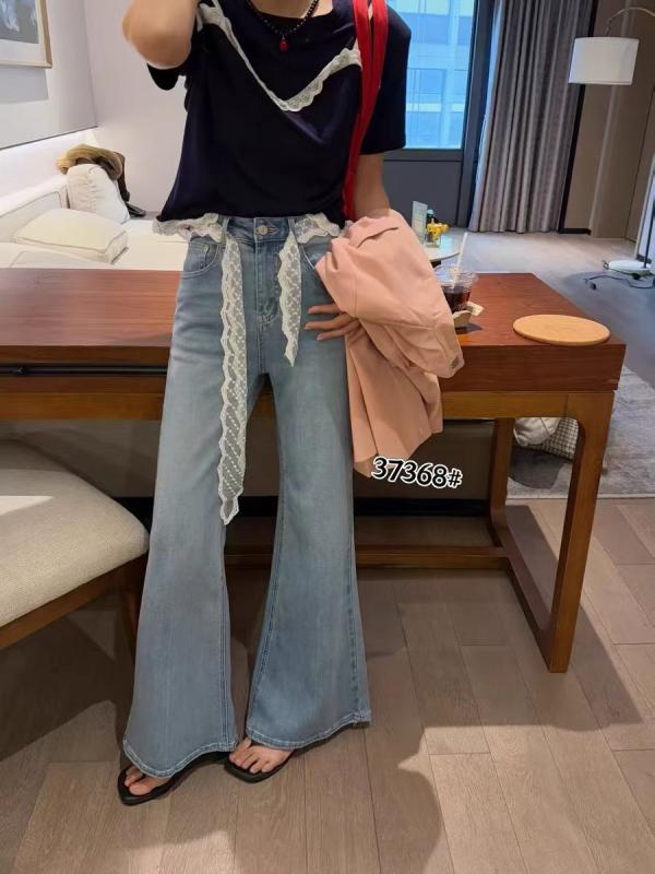 レディース デニムパンツ ミラーフレア ハイウエスト コットン ストレッチ 長丈 春夏 ブルー レース 紐 切り替え 水洗加工 軽量 通勤 普段使い カジュアル デイリー トップス ボトムス 韓国風 直筒 ミディアム厚 微弾力 高級感 吸湿速乾 ビッグシ