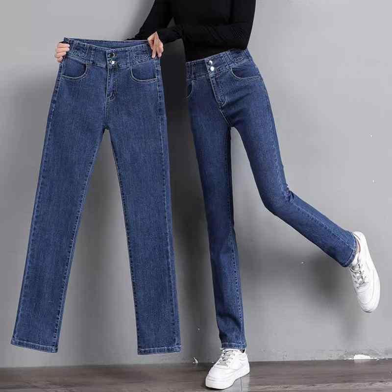 レディース デニムパンツ 直筒 高腰 伸縮性 薄手 綿素材 都市通勤 普段使い 煙管シルエット 長丈 修身 スリム 百搭 ブルー系 グレー系 ブラック ライトブルー 春秋 軽量 吸湿速乾 ジッパー プリント加工