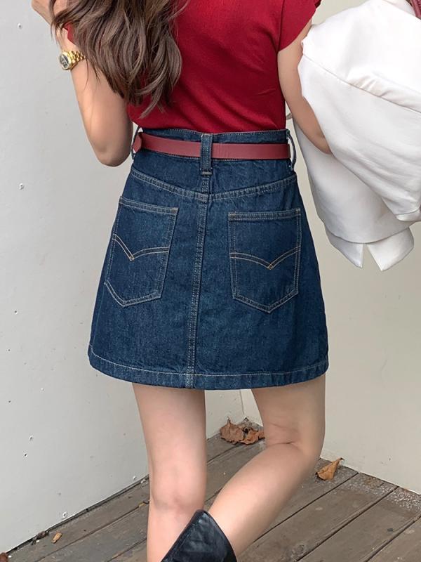 半身裙 女性用 韓国風 デニム ショートスカート ハイウエスト 修身 スリム Aライン 包臀 コットン ストレッチ 砂洗加工 深藍色 腰帯 付き 快適 普段使い 夏