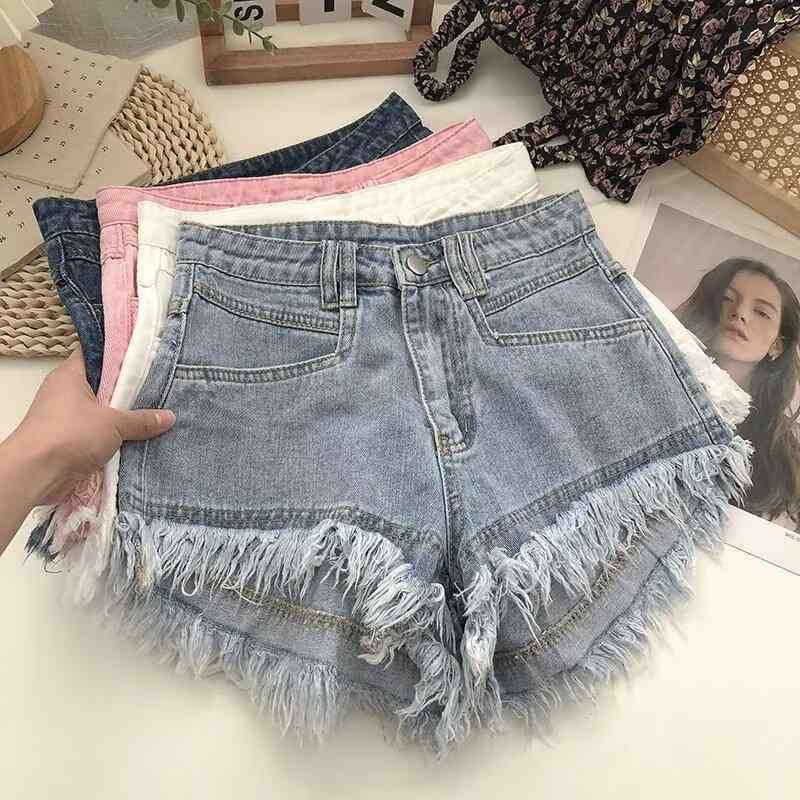 デニム ショートパンツ ハイウエスト 女性用 韓国風 デイリー かわいい 毛羽立ち フリンジ ワイドレッグ 春夏 コットン ポリエステル 中厚手 ストレッチ スリム 軽量 快適 ブルー ホワイト グレー ピンク シンプル