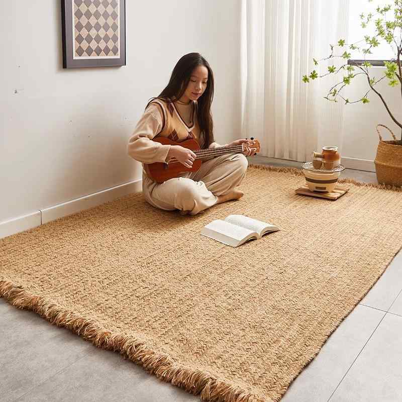 手工編み ジュート ラグ 方形 地毯 家用 ナチュラル インテリア 床周り マット フルカバー 麻素材 吸湿性 シンプル デザイン 長方形 楕円形 サイズ展開 ストリップ柄 流蘇付き 無流蘇 無地調 ワビサビスタイル 掃除簡単 吸塵対応 リビング ベッド 10,964円