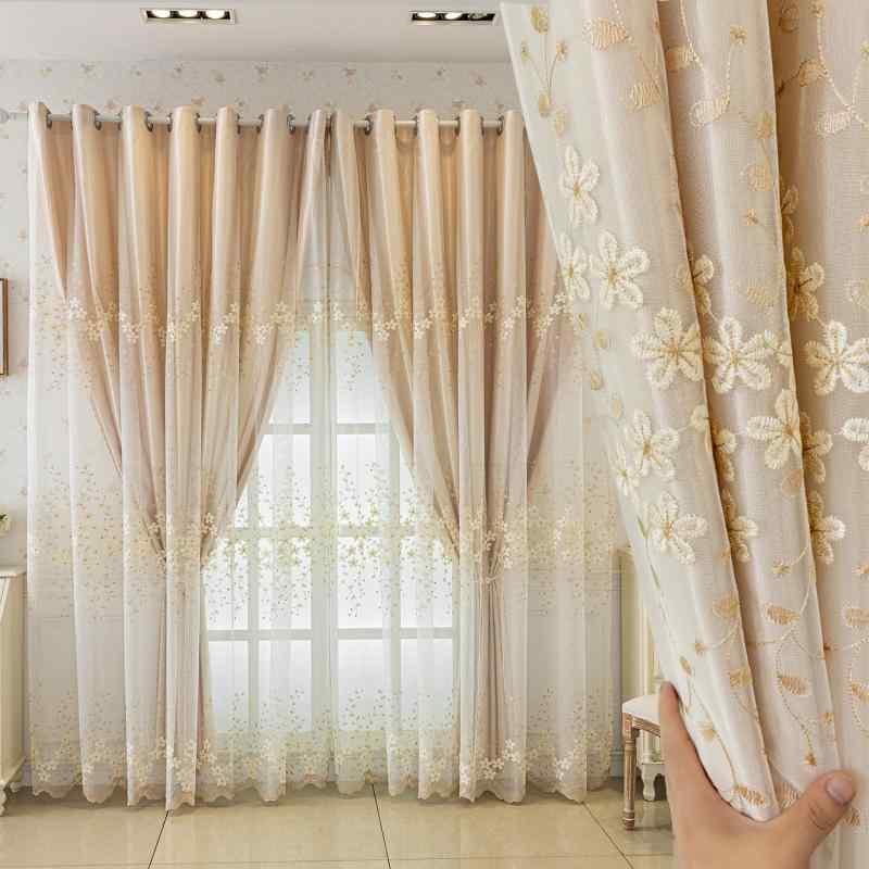 カーテン 田園風刺繍 花卉柄 ダブルレイヤー 遮光 布とレース一体 北欧風 かわいい プリンセス調 寝室用 リビング用 書斎用 ダイニング用 玄関用 バルコニー用 商用スペース用 ポリエステル素材 高遮光 植物モチーフ 軽量 プライバシー保護 インテリア