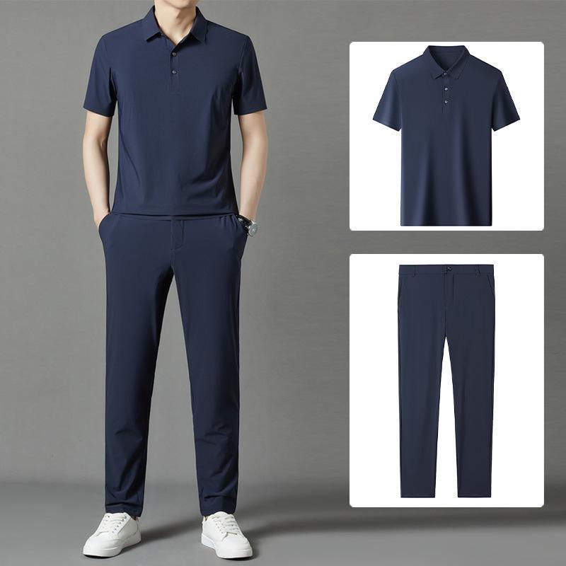 メンズ 夏季 軽量 ビジネス カジュアル セット 西装パンツ 九分丈 短袖 Tシャツ トップス 化繊混紡 ナイロン 81% 薄手 運動スタイル 都市ファッション 24-35歳向け 休日 レジャー 外出 通勤 普段使い かき色 上青 ブラック グレーグリー
