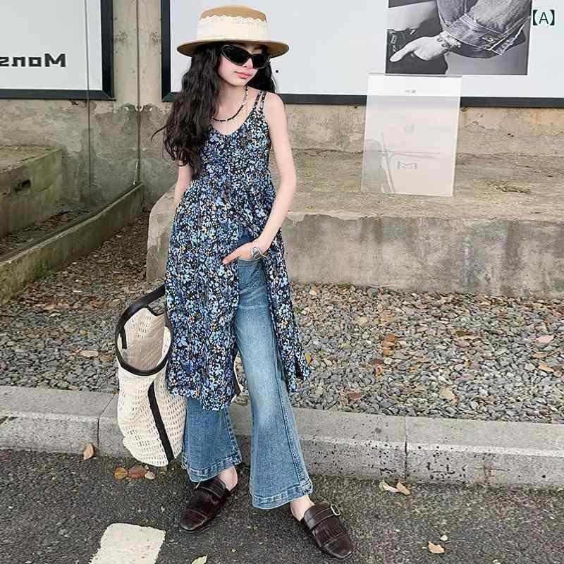 女児 セットアップ 吊り帯ワンピース 花柄 ノースリーブ 薄手 ポリエステル混紡 柔らかい肌触り かわいい プリンセス風 トレンド スタイル フレアパンツ 九分丈 夏用 女の子 8歳以上 130cm 140cm 150cm 160cm 170cm 対応