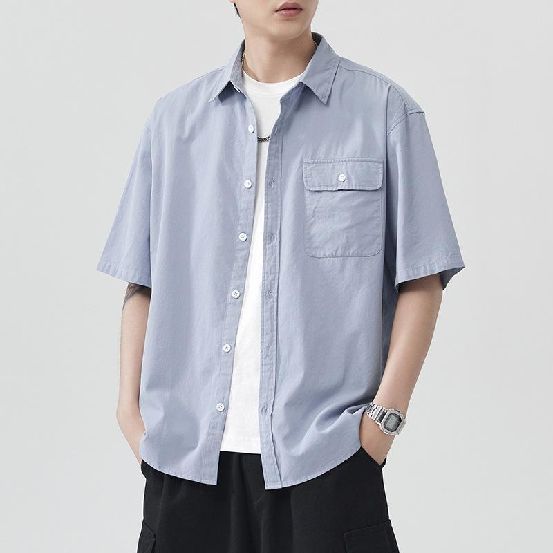 メンズ シャツ 半袖 綿 100% 日系 復古 シンプル ゆったり トップス 通気性 吸湿速乾 抗菌 開襟 無地 普通厚 白色 ブルー ベージュ ミスティブルー 夏 春夏 秋 洗濯機可 免アイロン 加工 青少年 男性用 ファッション 都市スタイル 24-