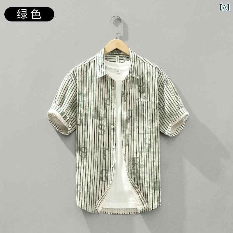 メンズ シャツ トップス 短袖 夏 純棉 綿100 プリント柄 緑 黒 茶色 翻領 開襟 ゆったり ワイドフィット 透気性 耐久 洗濯機可 日常 外出 ファッション 爽やか シンプル カジュアル スタイル 息抜き アクティブ