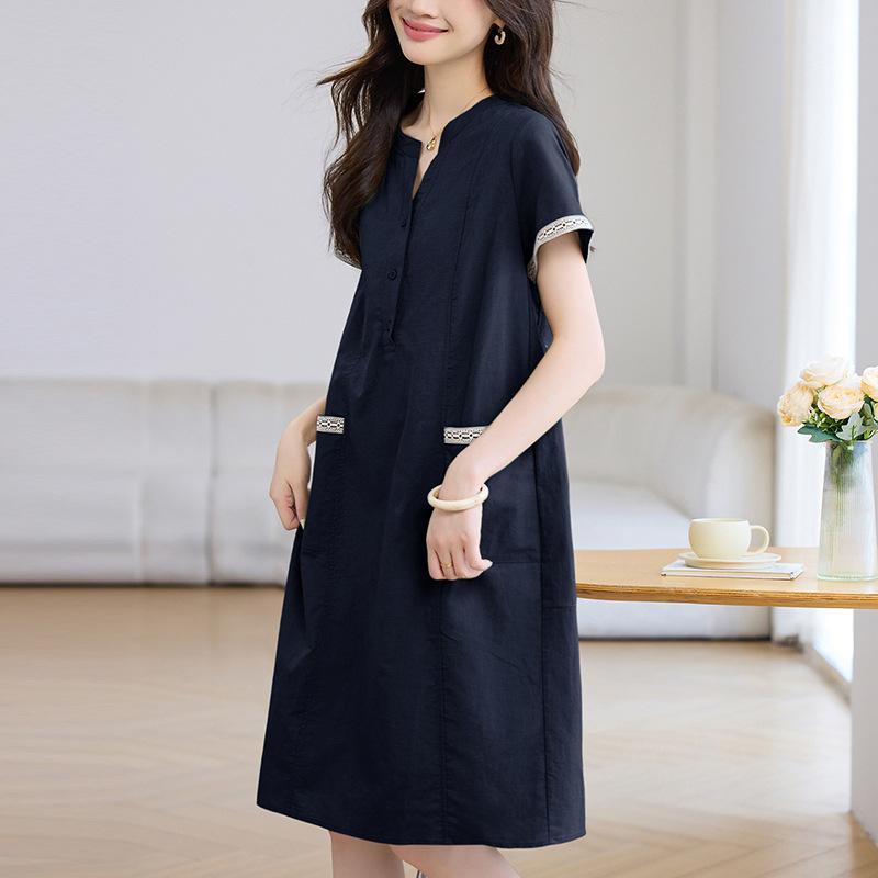 ワンピース 女性用 春夏 短袖 Vネック Aライン 中長丈 切り替え 花辺 綿麻 混紡 接触冷感 軽量 通気性 緑 ネイビー ブラウン ピンク ゆったり 日常使い カジュアル 韓国風 快適 リラックス