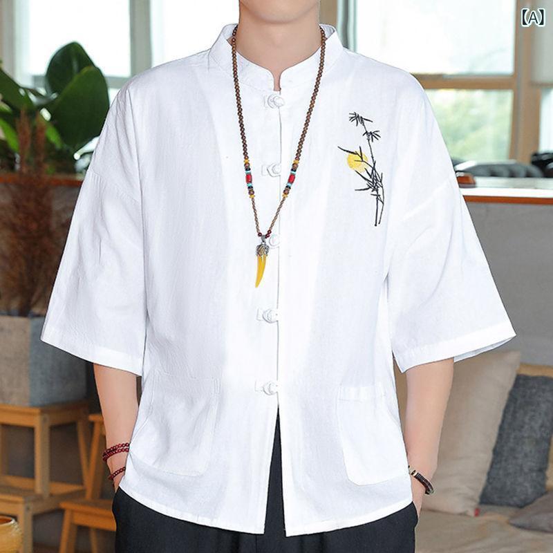 メンズ シャツ トップス 短袖 七分袖 春夏 男性用 青年向け 綿麻 混紡 刺繍 切り替え 立領 ゆったり ルーズフィット シンプル カジュアル 日常使い 軽量 吸湿速乾 洗濯機対応 通勤 外出 白色 ブラック ネイビー グレー系