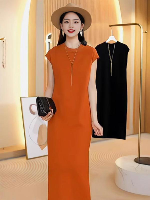 ワンピース レディース 春夏 短袖 コットン 混紡 接触冷感 中長丈 高腰 切り替え 開・楷 デザイン 丸首 シンプル 気質 通勤 普段使い 軽量 伸縮性 吸湿速乾 オレンジ ブラック グレー ベージュ ピンクパープル かわいい スリムシルエット