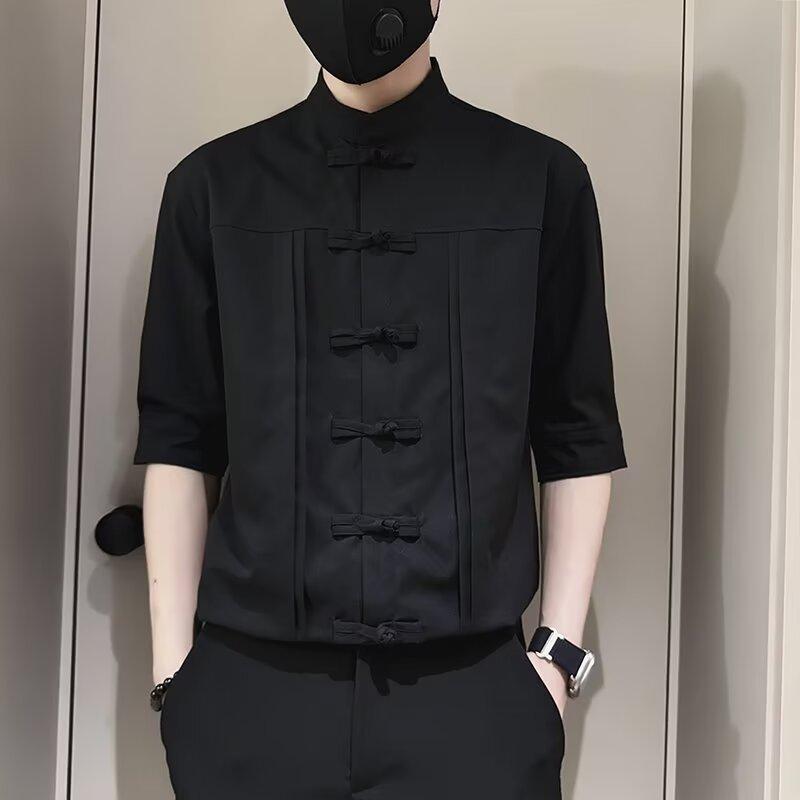 メンズ 立襟 シャツ 短袖 夏用 軽熟 休? トップス 綿混紡 ポリエステル 透気性 耐摩耗 薄手 ワイドシルエット 開襟 切り替え 無地 ブラック ホワイト 抗シワ ゆったり メンズファッション 夏服 涼しい 普段使い カジュアルスタイル