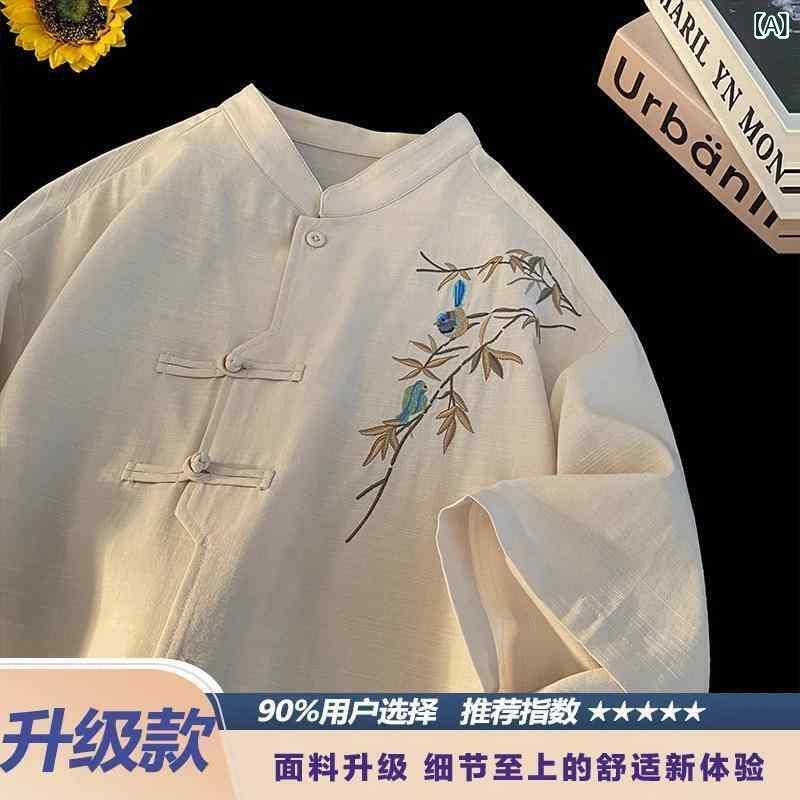 メンズ シャツ 短袖 夏 接触冷感 綿混紡 透気性 防シワ 耐摩耗 薄手 開襟 ボタンカラー ゆったりシルエット フラワープリント 徽章ディテール 休? 杏色 黒
