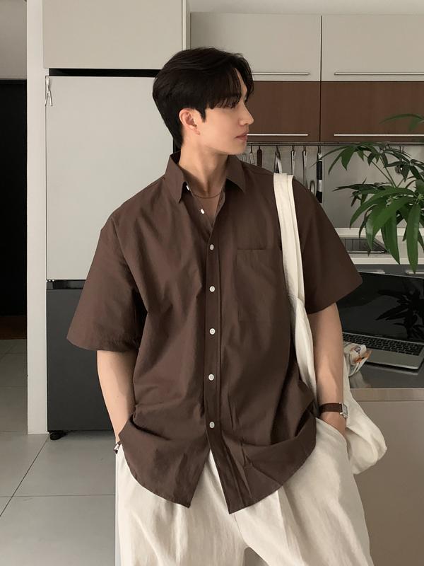 メンズ シャツ トップス 短袖 夏 薄手 綿麻 接触冷感 吸湿速乾 透気性 免? ゆったり ルーズフィット スタンドカラー 無地 ポケット付き カジュアル 日常使い 軽量 快適 ブラック コーヒー ベージュ 青年向け