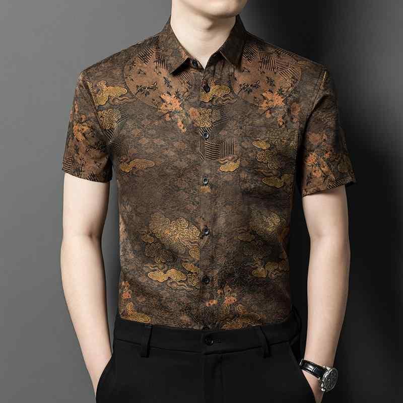 メンズ シャツ トップス 桑蚕絲 真絲 短袖 翻領 合体型 軽熟休? 透気 抗菌 高弾 免? 防? 吸湿排汗 碎花 印花 ・暾染 夏 コーヒー カラー 日常 普段使い 軽量 伸縮性 接触冷感 ビジネス カジュアル ミドルエイジ 男性用 桑蚕絲100パーセン